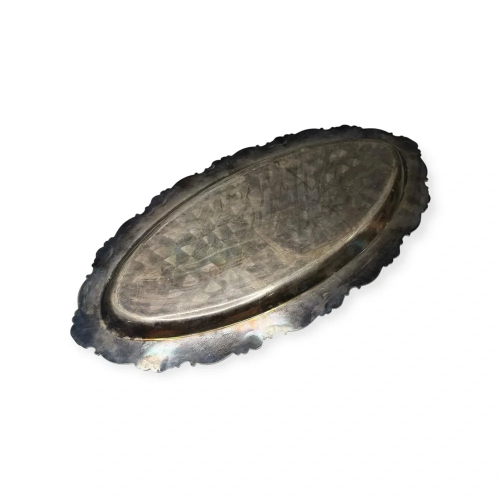 Antique 1950’s: Camusso 𖦹 Water Lily Oval Sterling Silver Tray 𖦹 .925 Patinated